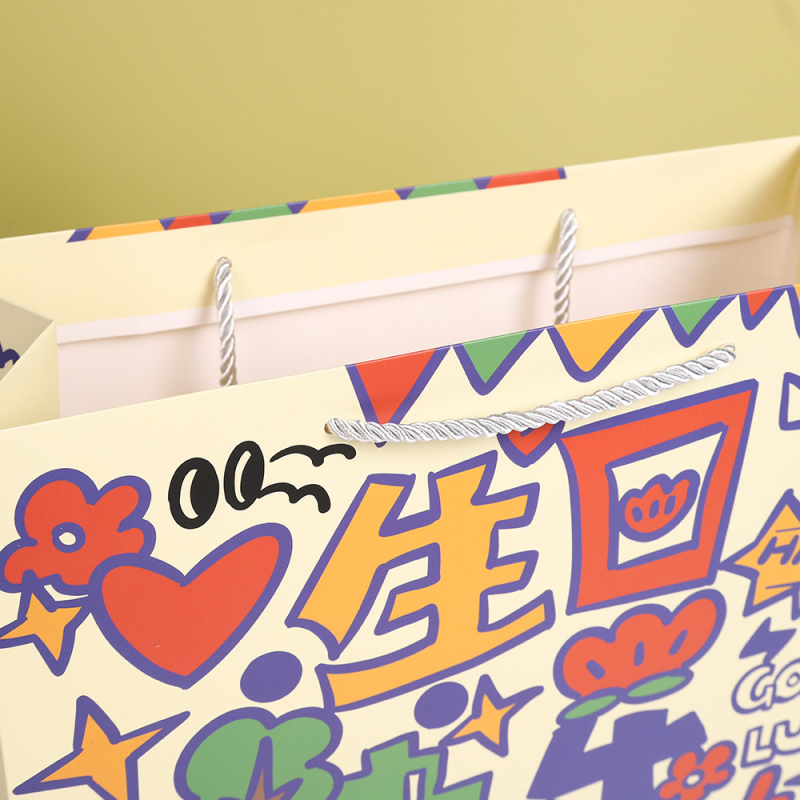 Taška na darček k narodeninám v karikatúrnom štýle, UV tlač, prispôsobiteľná, logo zahrnuté