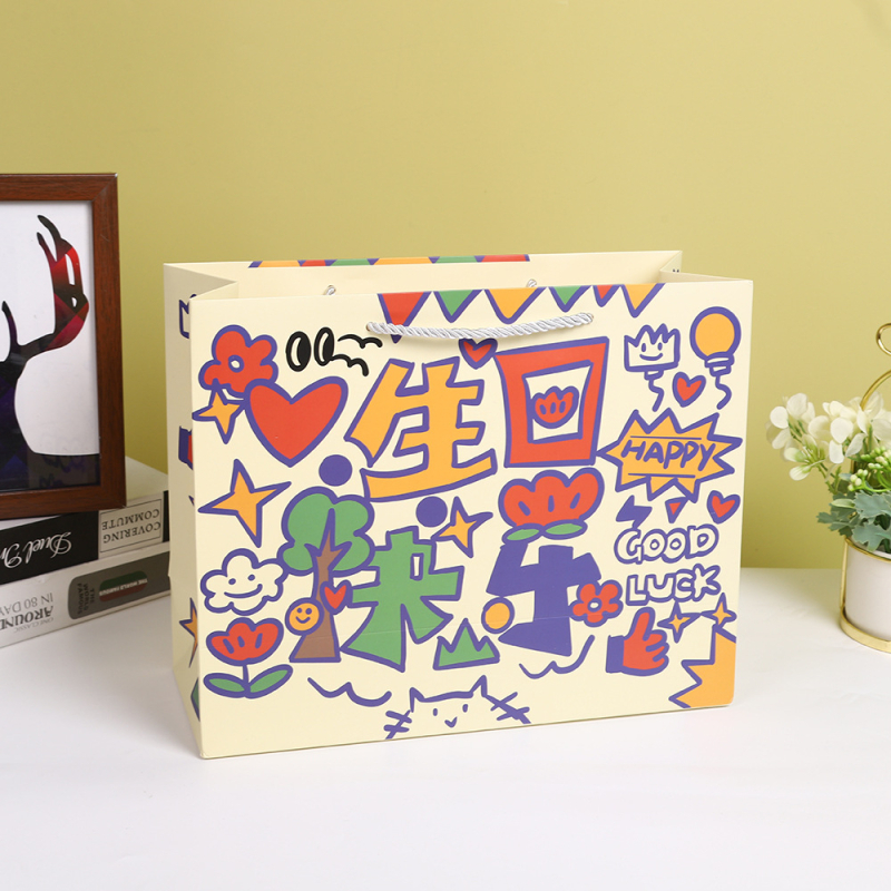 Taška na darček k narodeninám v karikatúrnom štýle, UV tlač, prispôsobiteľná, logo zahrnuté