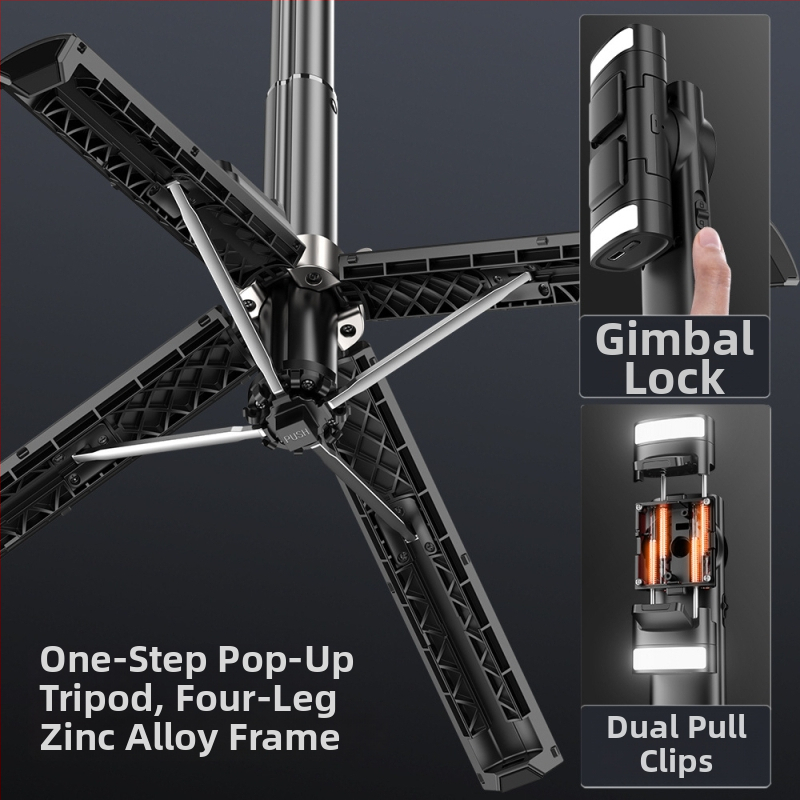 Селфи стик със стабилизатор и Bluetooth, разтегателен, едно натискане за изскачане, алуминиева сплав, осветление за попълване