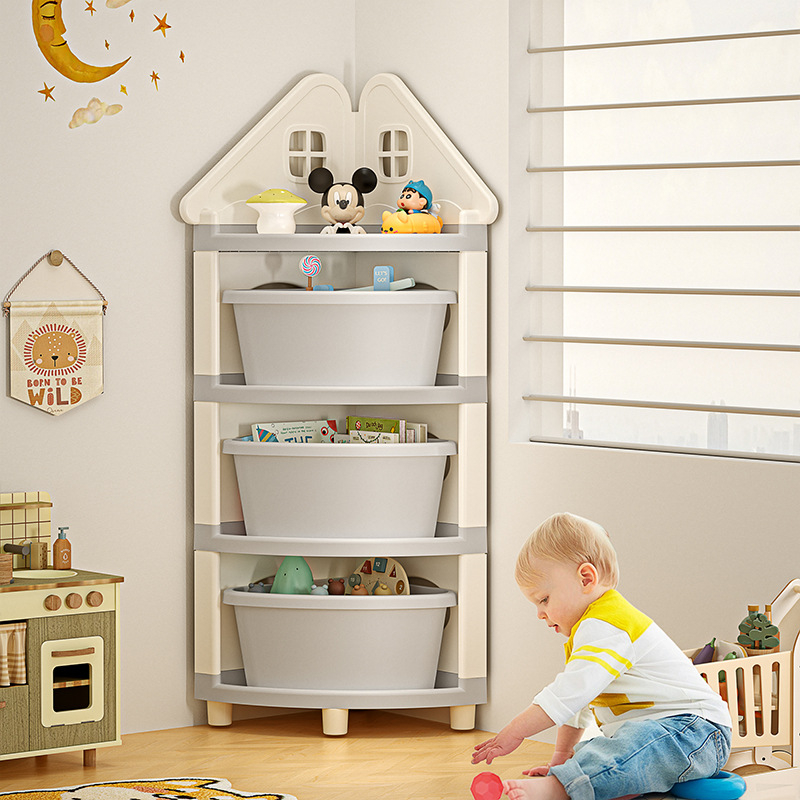 Raft de depozitare pentru jucării, colț, 4 etaje, staționar pe podea, PP plastic, stil desen animat