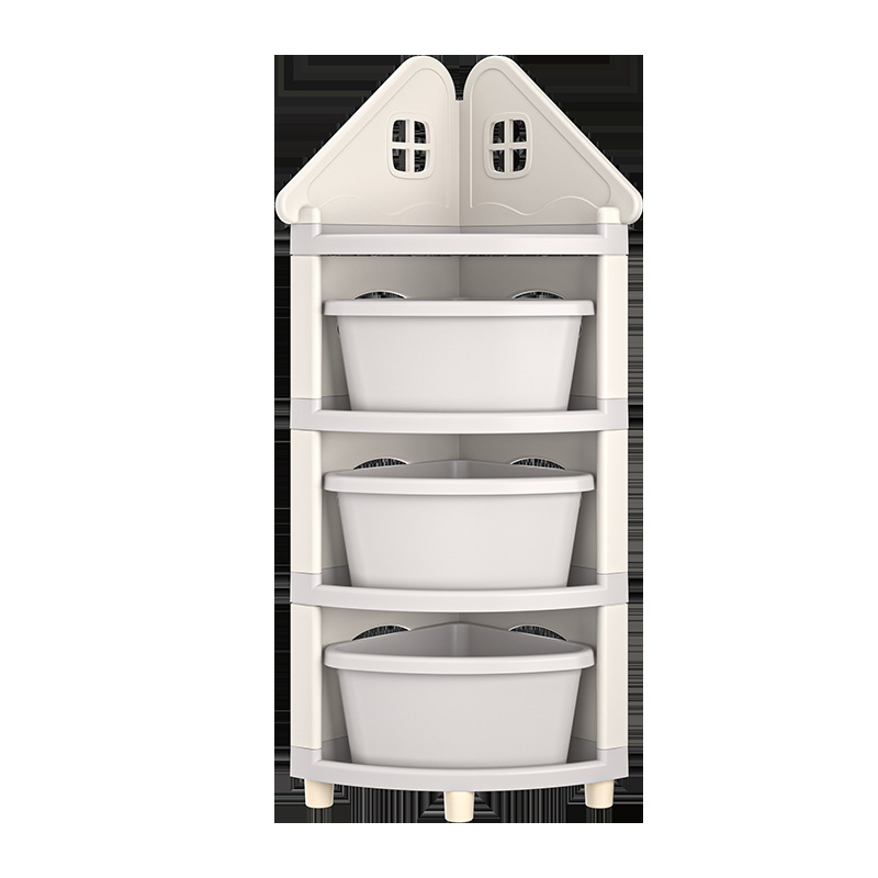 Raft de depozitare pentru jucării, colț, 4 etaje, staționar pe podea, PP plastic, stil desen animat