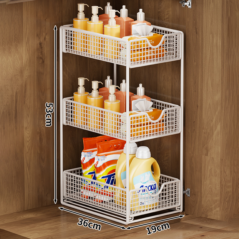 Raft de depozitare pentru chiuveta din baie, din fier, 3 etaje, glisant, montaj pe blat, stil simplu și modern