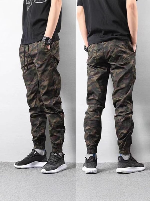 Muške hlače s kamuflažom – srednji pojas, ravni kroj, tanko tkanje, mikroelastičnost
