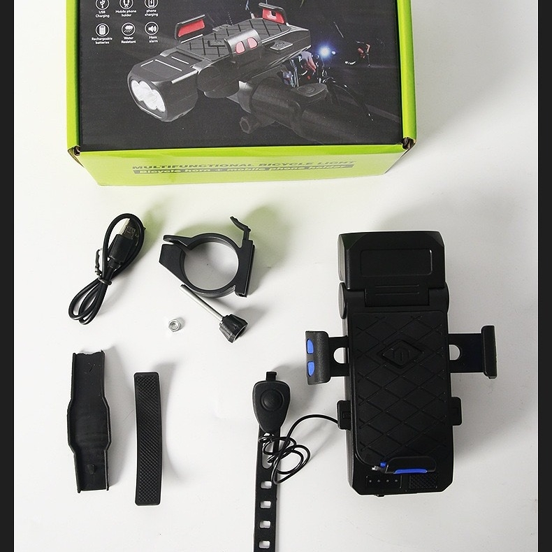 Far frontal pentru bicicletă cu baterie USB, suport pentru telefon, sonerie, lumină de avertizare și lumină spate, impermeabil pentru trasee montane