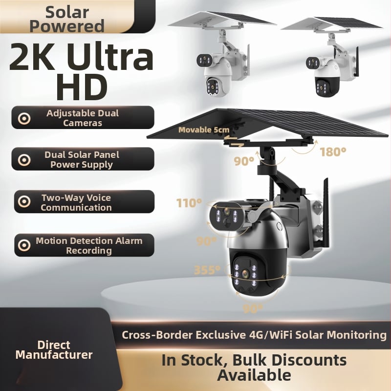 Cameră de supraveghere solară cu două lentile — iluminare minimă 0.001 lux, interval de operare -20°C până la 60°C, alimentare 5V, pentru exterior