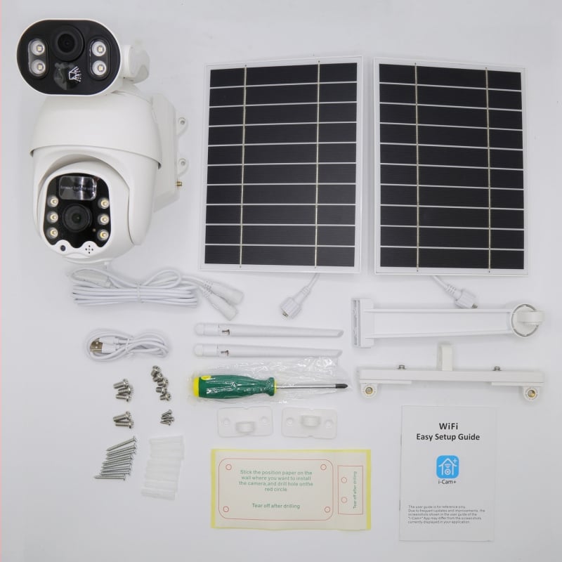 Cameră de supraveghere solară cu două lentile — iluminare minimă 0.001 lux, interval de operare -20°C până la 60°C, alimentare 5V, pentru exterior