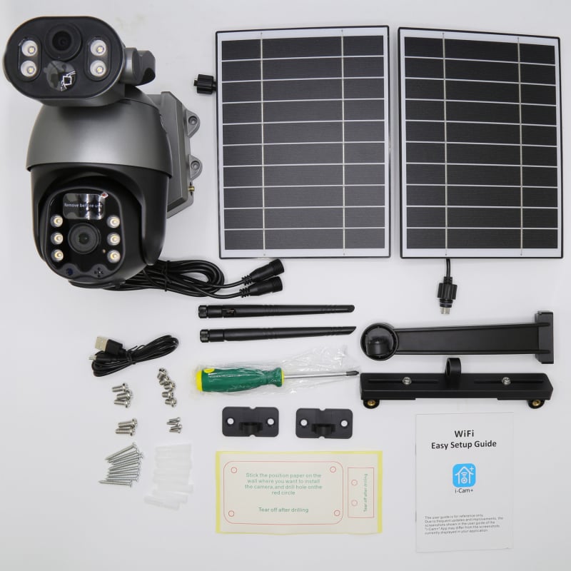 Cameră de supraveghere solară cu două lentile — iluminare minimă 0.001 lux, interval de operare -20°C până la 60°C, alimentare 5V, pentru exterior