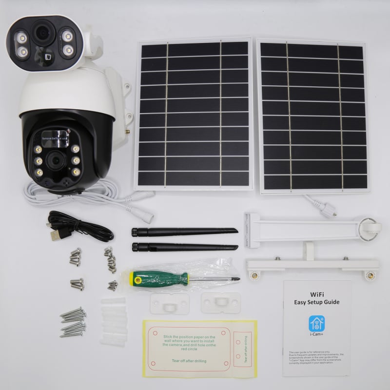 Cameră de supraveghere solară cu două lentile — iluminare minimă 0.001 lux, interval de operare -20°C până la 60°C, alimentare 5V, pentru exterior