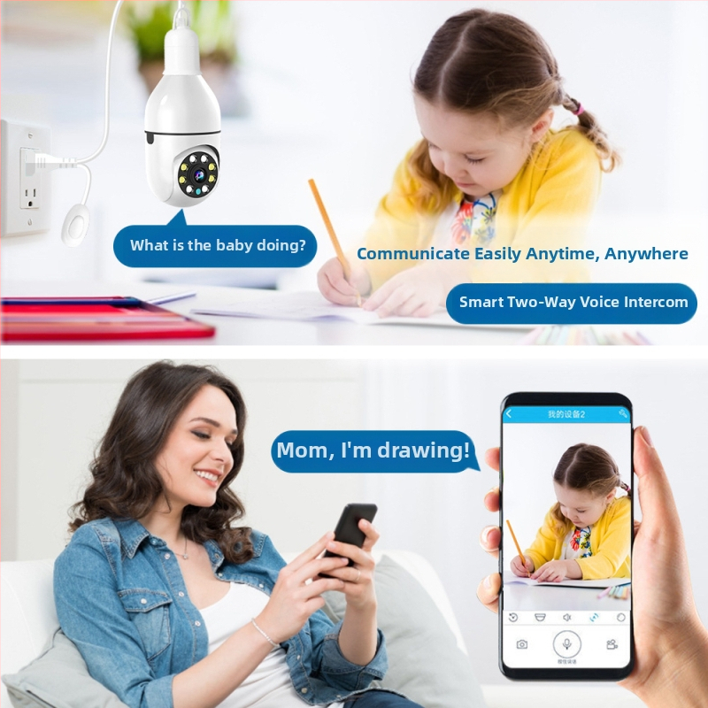 Cameră tip bec, panoramă 360°, Wi‑Fi internă, cameră smart 1080p, vizionare noaptea 0.1 lux, obiectiv 3.6 mm