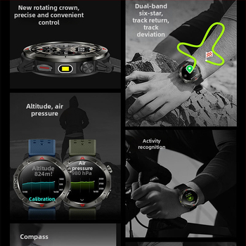 Ceas inteligent GPS cu GPS dual-frecvență pentru poziționare rapidă; busolă cu altitudine și barometru; ecran AMOLED; monitorizare ritm cardiac și SpO2; baterie 7-14 zile (GPS dual-frecvență; Busolă cu altitudine și barometru; Ecran AMOLED; Ritm cardiac și