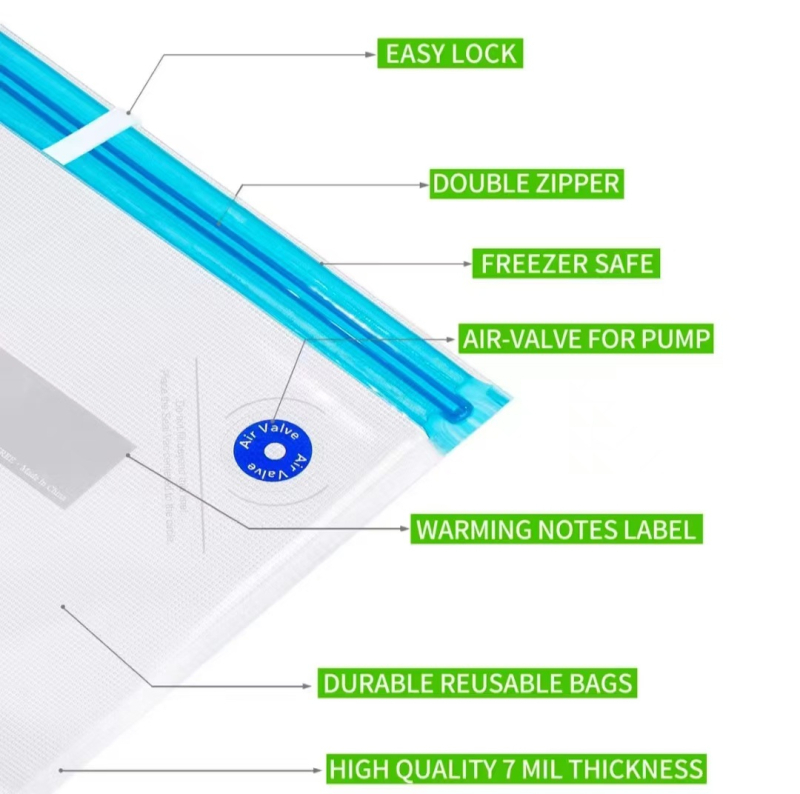 Σακούλες κενού για συσκευασία τροφίμων με υφή πλαστικού εκτύπωσης, διπλό φερμουάρ, βαλβίδα αέρα — Μάρκα Heshun