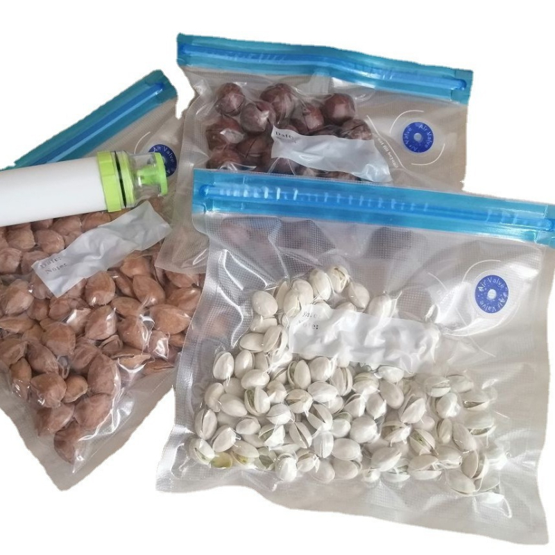 Σακούλες κενού για συσκευασία τροφίμων με υφή πλαστικού εκτύπωσης, διπλό φερμουάρ, βαλβίδα αέρα — Μάρκα Heshun