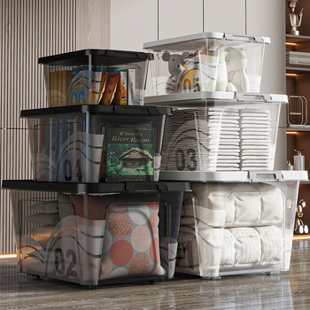 Διαφανές κουτί αποθήκευσης με ρόδες, 110 L, πολυπροπυλένιο, πολλαπλών χρήσεων, ανθεκτικό σε σκόνη και υγρασία (Fengjin)