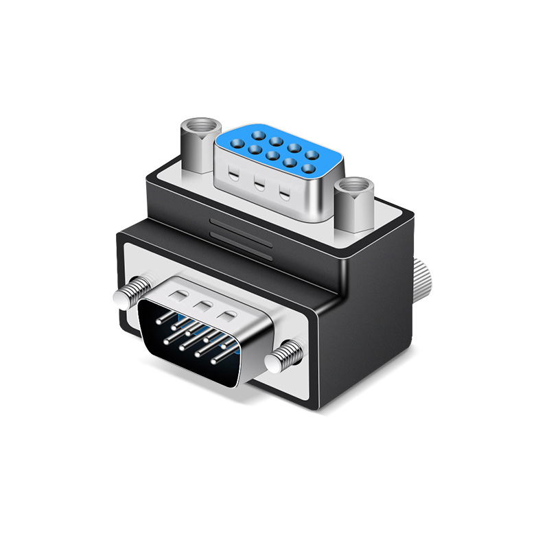 Adaptor DB9 cu conectori multipli: masculin-masculin-feminin-feminin-masculin, unghi drept de 270°, protocol RS232, compatibil Windows 7+ pentru laptopuri și PC-uri