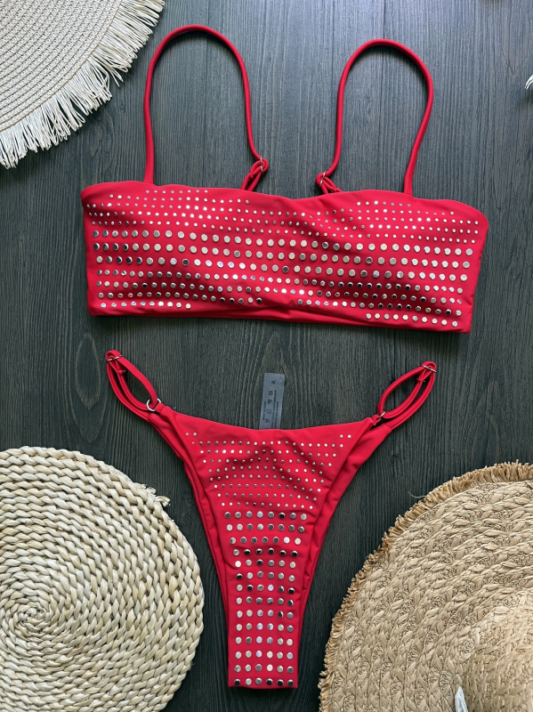 Дамски бански костюм две части с подплънки, едноцветен найлон, подплата найлон, без метална опора, за плуване и водни спортове