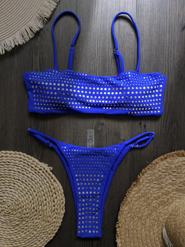 Дамски бански костюм две части с подплънки, едноцветен найлон, подплата найлон, без метална опора, за плуване и водни спортове