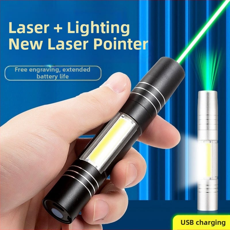 Laser pokazivač s COB bočnim svjetlom — aluminijska legura, USB punjiva, otisak logotipa, prilagodba izrade, licencirana privatna marka