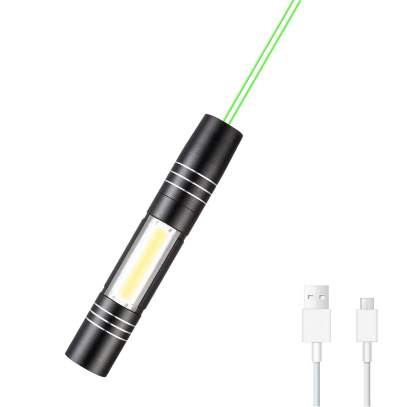 Laser pokazivač s COB bočnim svjetlom — aluminijska legura, USB punjiva, otisak logotipa, prilagodba izrade, licencirana privatna marka