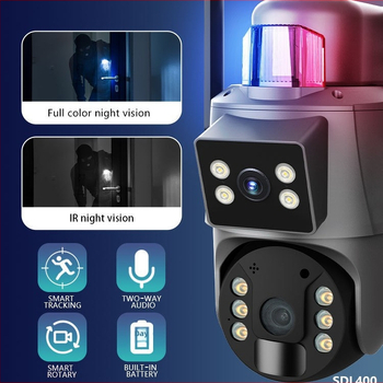 Cameră externă wireless cu două lentile, alimentată solar, impermeabilă, iluminare minimă 0.00 lux, SNR > 30, intervalul de temperatură -30°C până la +60°C.