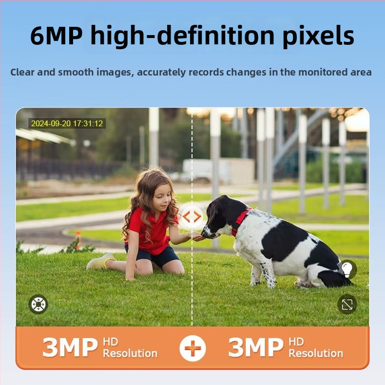 Cameră externă wireless cu două lentile, alimentată solar, impermeabilă, iluminare minimă 0.00 lux, SNR > 30, intervalul de temperatură -30°C până la +60°C.