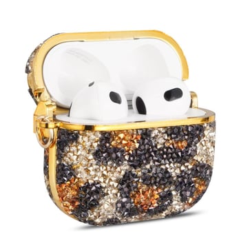 Zaštitni kućište za AirPods s leopard printom i kristalima, kompatibilno s AirPods 4. generacije i AirPods Pro 2. generacije (1.–2. generacije)