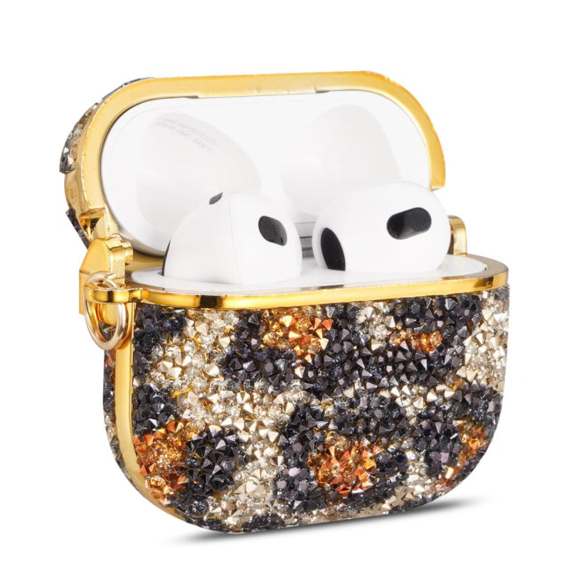 Zaštitni kućište za AirPods s leopard printom i kristalima, kompatibilno s AirPods 4. generacije i AirPods Pro 2. generacije (1.–2. generacije)