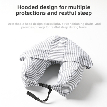 Пътна възглавница за шия с качулка и U-образна форма, пълнена с частици пяна, трикотажен корпус, за възрастни, със свалящ се калъф