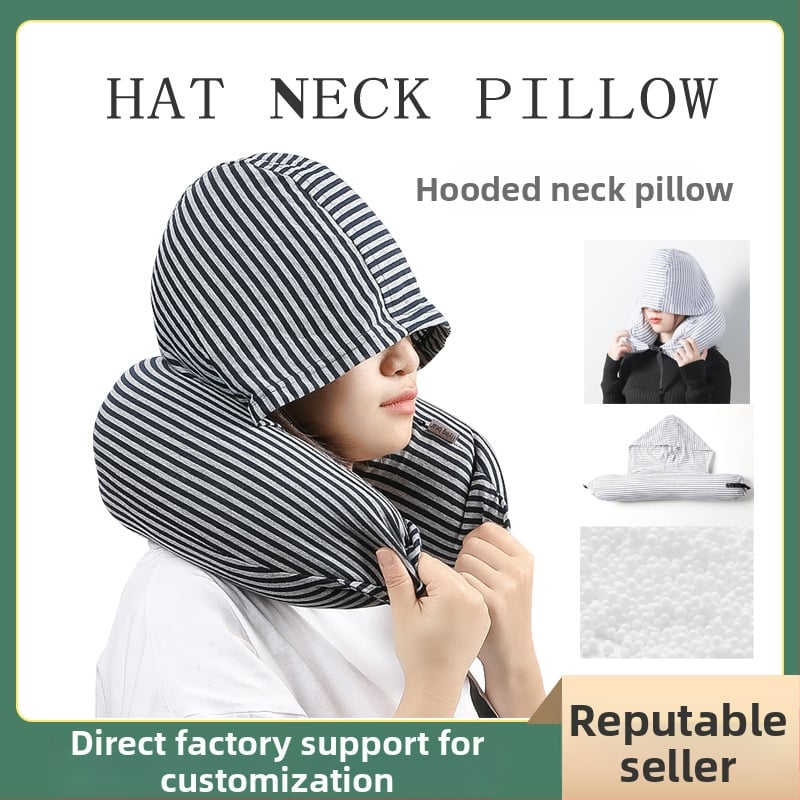 Пътна възглавница за шия с качулка и U-образна форма, пълнена с частици пяна, трикотажен корпус, за възрастни, със свалящ се калъф