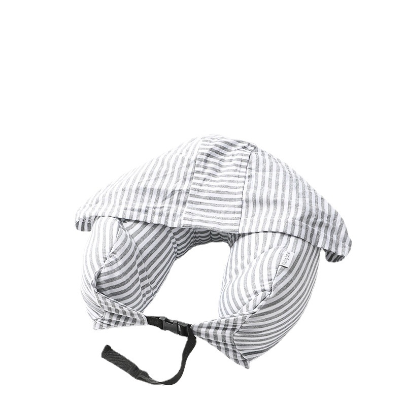 Пътна възглавница за шия с качулка и U-образна форма, пълнена с частици пяна, трикотажен корпус, за възрастни, със свалящ се калъф