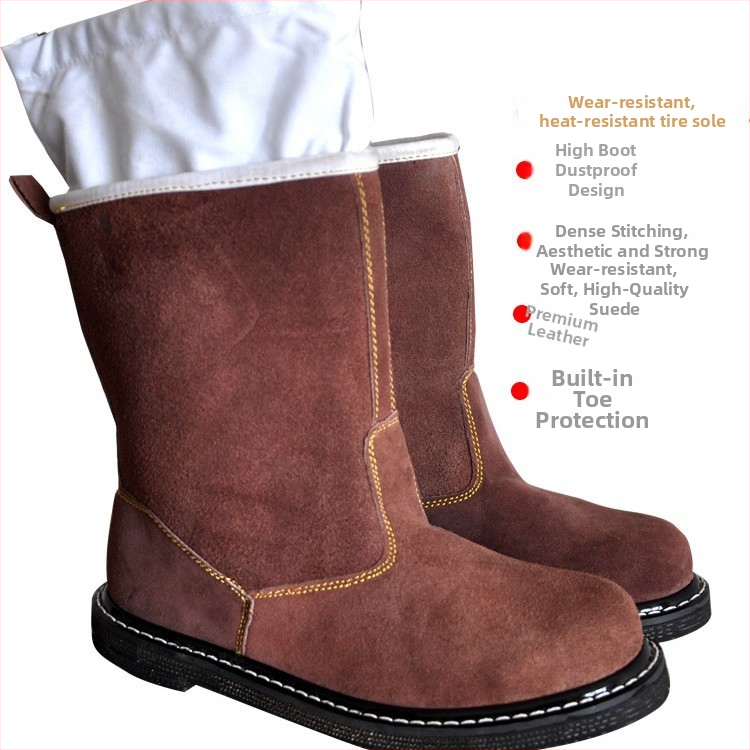 Zaštitne cipele s gornjim dijelom od teleće kože i gumom potplata; visoki gornji dio; otporne na visoke temperature i probijanje, otporne na ulje; prozračne; uporaba: lijevanje, obrada, prašina; marka Tenganda