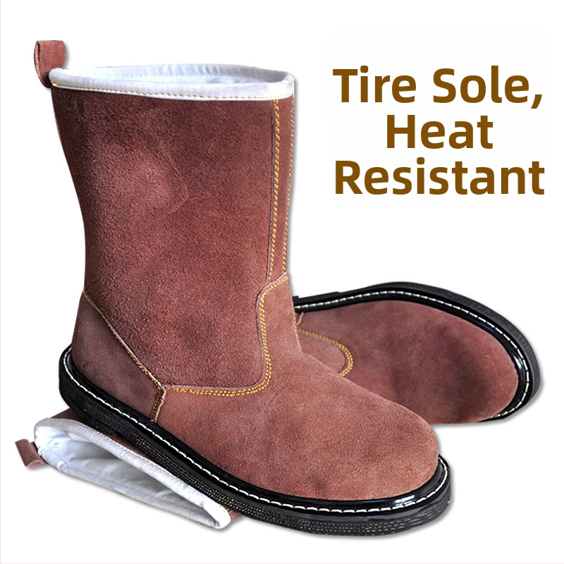 Zaštitne cipele s gornjim dijelom od teleće kože i gumom potplata; visoki gornji dio; otporne na visoke temperature i probijanje, otporne na ulje; prozračne; uporaba: lijevanje, obrada, prašina; marka Tenganda