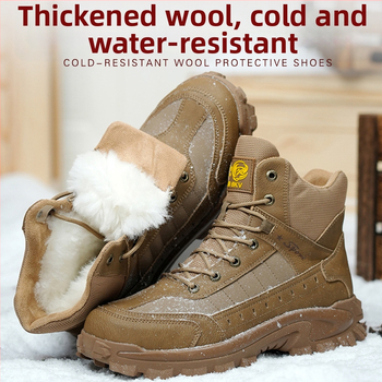 Мъжки високи зимни обувки за безопасност със стоманено носче, подплата от вълна, противоударни и против пробиване, неплъзгаща се подметка