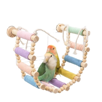 Scară de cățărare pentru papagal — lemn masiv cu frânghie din cânepă, design macaron — Accesorii pentru cuști pentru păsări adulte