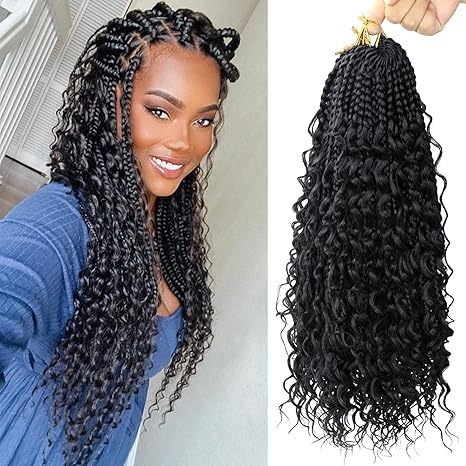 Háromszálas Box Braids paróka bohemiai göndörökkel, hőálló rostokból, természetes stílusú, hosszú frufruval