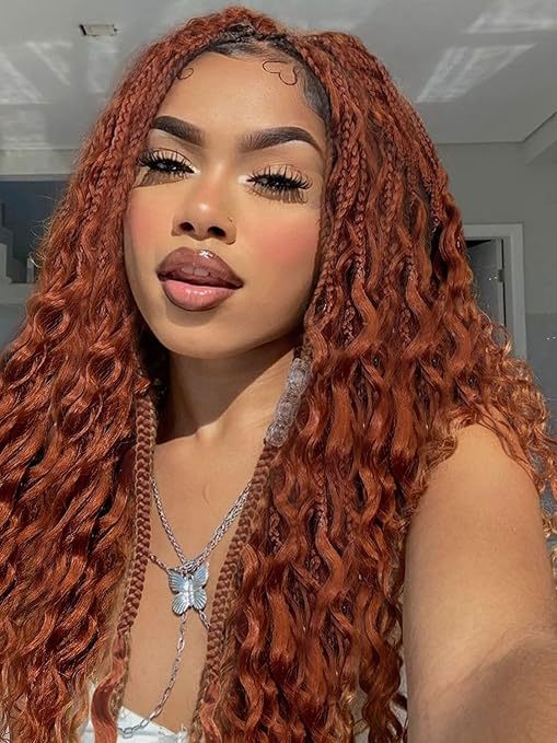 Háromszálas Box Braids paróka bohemiai göndörökkel, hőálló rostokból, természetes stílusú, hosszú frufruval