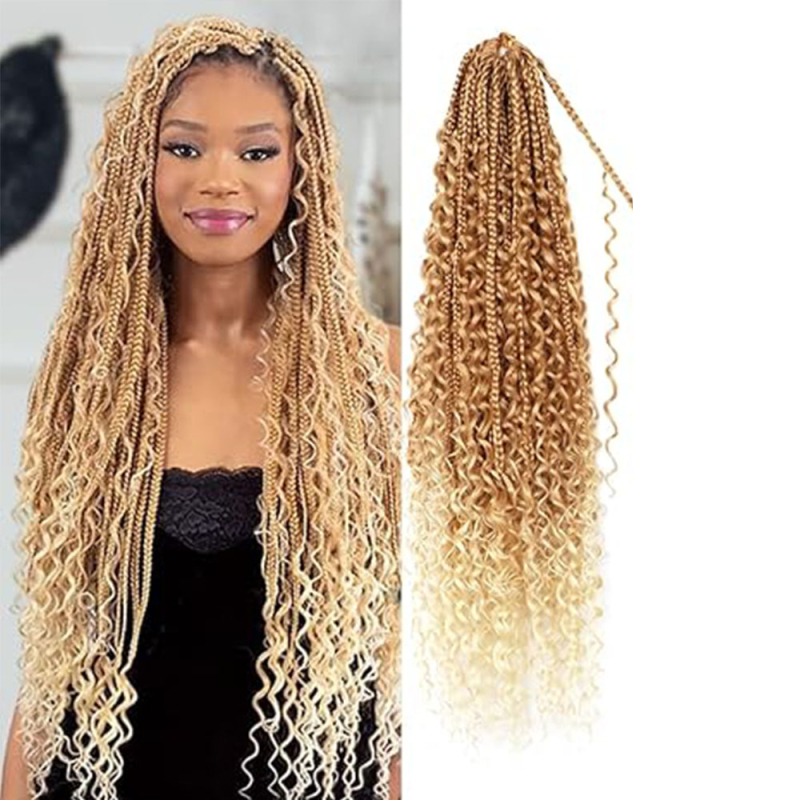 Háromszálas Box Braids paróka bohemiai göndörökkel, hőálló rostokból, természetes stílusú, hosszú frufruval