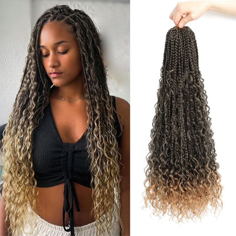 Háromszálas Box Braids paróka bohemiai göndörökkel, hőálló rostokból, természetes stílusú, hosszú frufruval