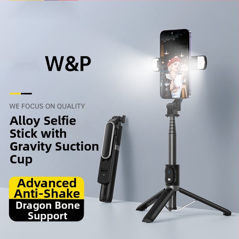 Телефонен селфи стик-трипод с анти‑трептене, 360° светлинна подсветка, алуминиева конструкция, Bluetooth дистанционно