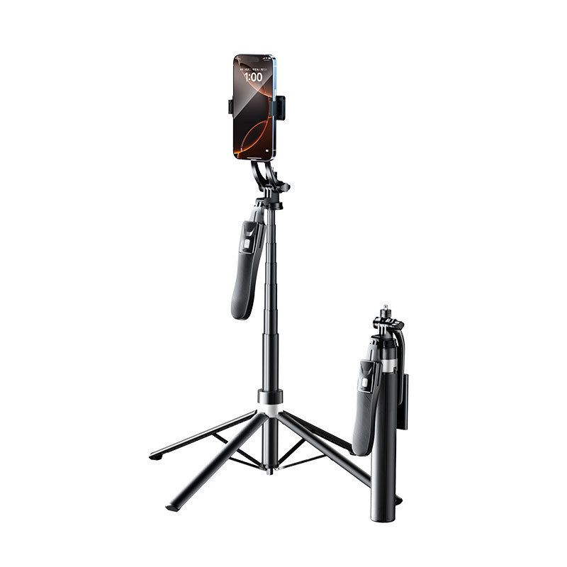 Селфи стик с трипод — антишок, разтегателен, четириподен трипод за снимки на открито и лайв стрийминг (Bluetooth дистанционно, светлина за снимане)