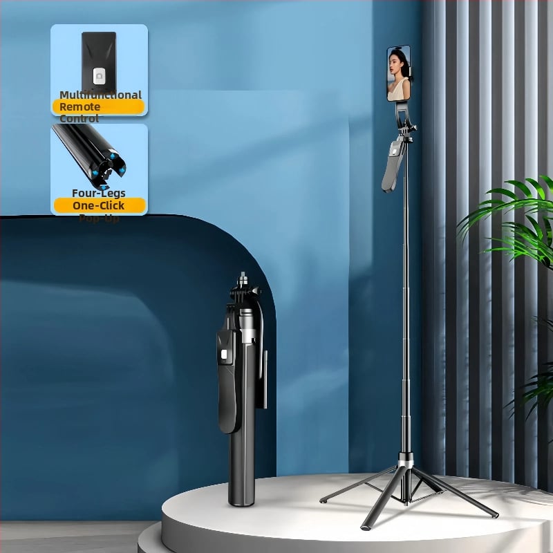 Селфи стик с трипод — антишок, разтегателен, четириподен трипод за снимки на открито и лайв стрийминг (Bluetooth дистанционно, светлина за снимане)