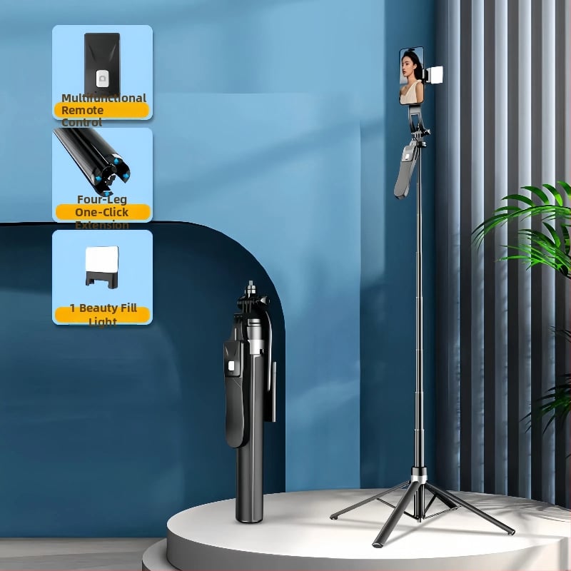 Селфи стик с трипод — антишок, разтегателен, четириподен трипод за снимки на открито и лайв стрийминг (Bluetooth дистанционно, светлина за снимане)