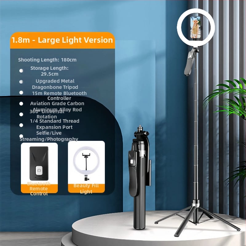 Селфи стик с трипод — антишок, разтегателен, четириподен трипод за снимки на открито и лайв стрийминг (Bluetooth дистанционно, светлина за снимане)