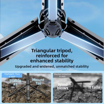 Универсална сгъваема селфи пръчка с подова стойка за лайв стрийминг, алуминиев корпус, Bluetooth дистанционно, LED осветление и стабилизация на изображението.