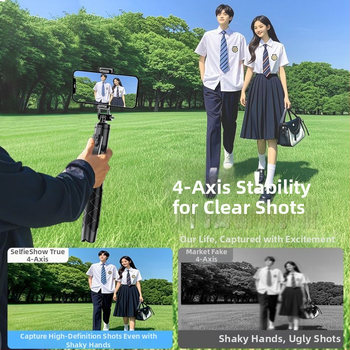 Универсална сгъваема селфи пръчка с подова стойка за лайв стрийминг, алуминиев корпус, Bluetooth дистанционно, LED осветление и стабилизация на изображението.