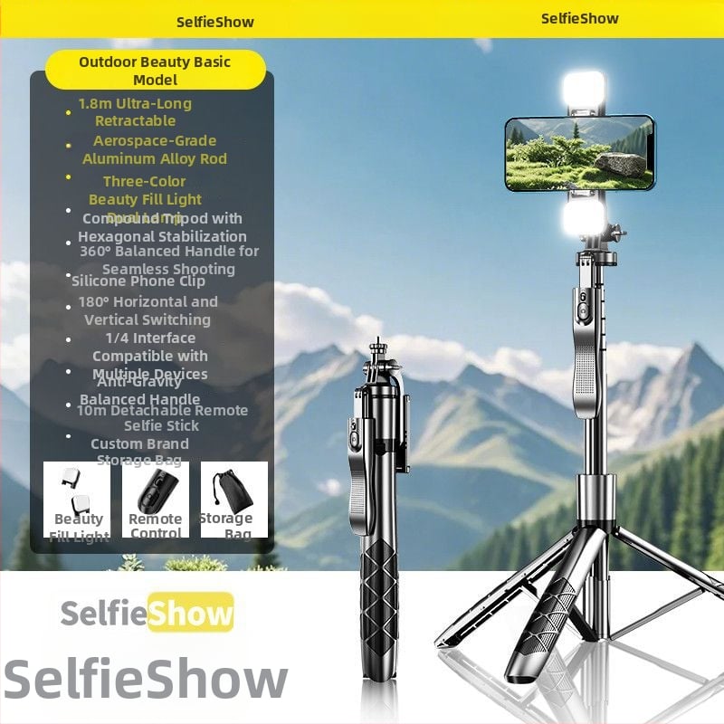 Универсална сгъваема селфи пръчка с подова стойка за лайв стрийминг, алуминиев корпус, Bluetooth дистанционно, LED осветление и стабилизация на изображението.