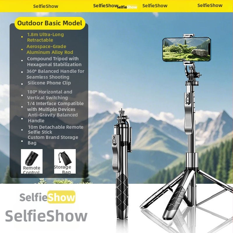 Универсална сгъваема селфи пръчка с подова стойка за лайв стрийминг, алуминиев корпус, Bluetooth дистанционно, LED осветление и стабилизация на изображението.