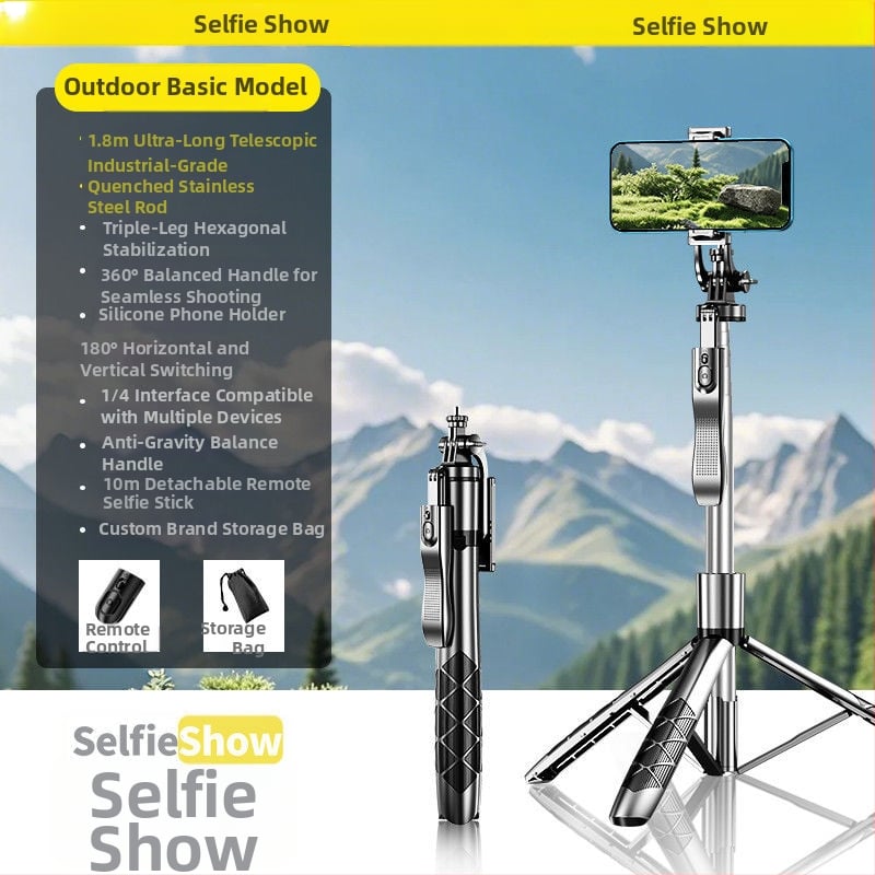 Универсална сгъваема селфи пръчка с подова стойка за лайв стрийминг, алуминиев корпус, Bluetooth дистанционно, LED осветление и стабилизация на изображението.
