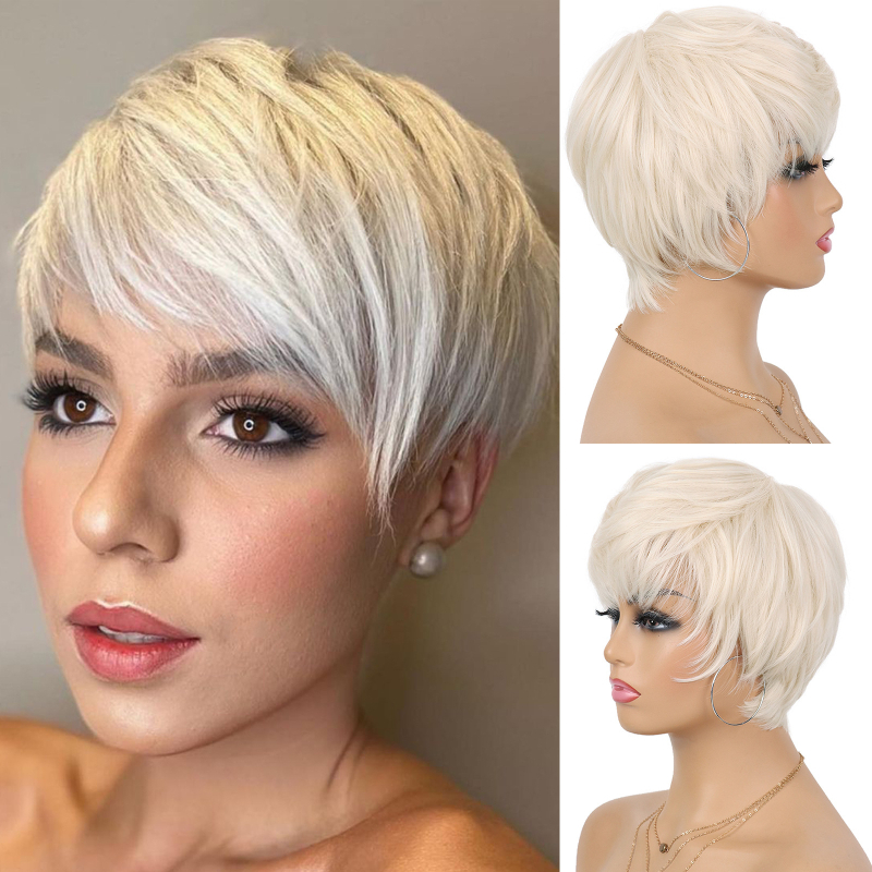 Pixie-cut rövid paróka frufruval, gépi készítésű az arcformázáshoz, modell 308, hajanyag: belföldi selyem