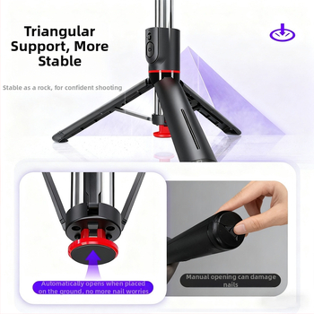 Мини селфи стик с антишок стабилизатор и прибиращ се трипод, Bluetooth дистанционно, светлинна подсветка, ABS + алуминиева сплав