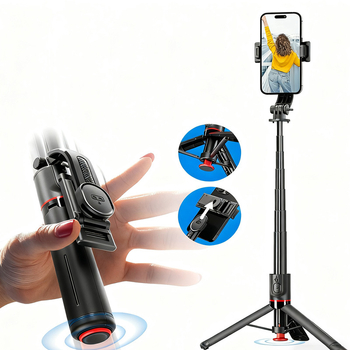 Мини селфи стик с антишок стабилизатор и прибиращ се трипод, Bluetooth дистанционно, светлинна подсветка, ABS + алуминиева сплав